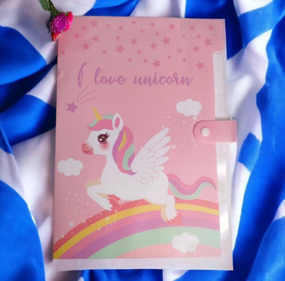 A4 Paper File Folder With Button Lock Pack Of 4 Pcs Unicorn and Space Theme Certificates Holder With 6 Pockets